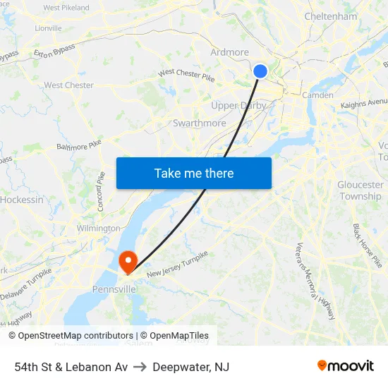 54th St & Lebanon Av to Deepwater, NJ map