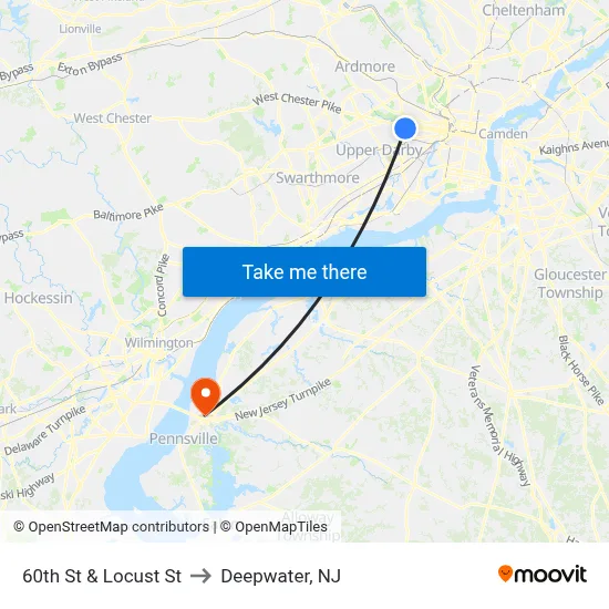 60th St & Locust St to Deepwater, NJ map