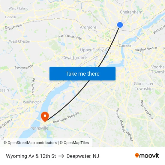 Wyoming Av & 12th St to Deepwater, NJ map