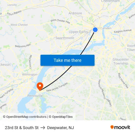 23rd St & South St to Deepwater, NJ map