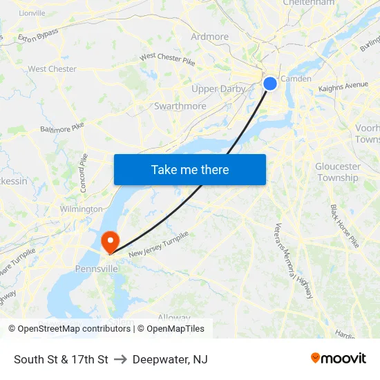 South St & 17th St to Deepwater, NJ map