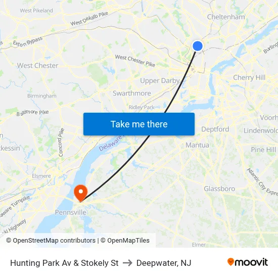 Hunting Park Av & Stokely St to Deepwater, NJ map