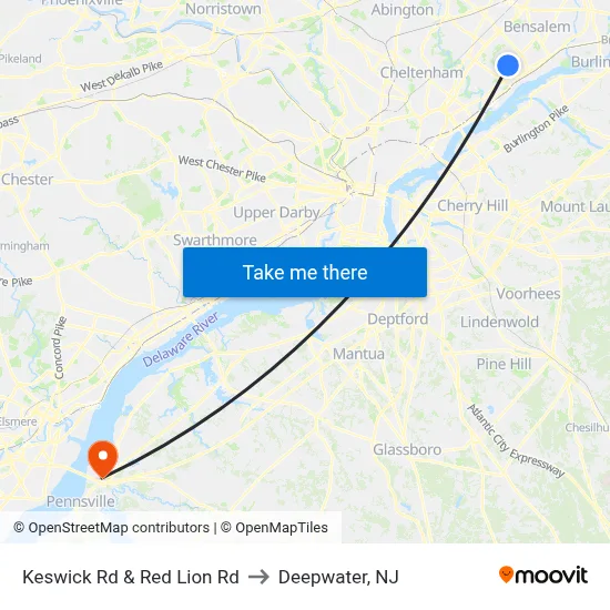 Keswick Rd & Red Lion Rd to Deepwater, NJ map