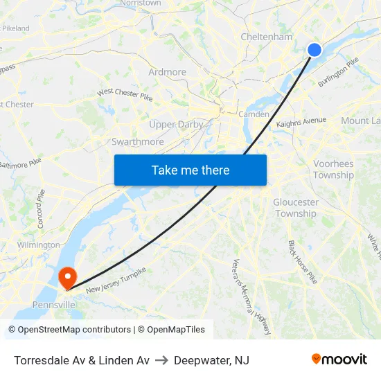 Torresdale Av & Linden Av to Deepwater, NJ map