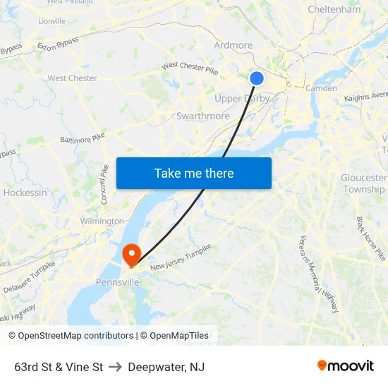 63rd St & Vine St to Deepwater, NJ map