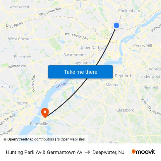 Hunting Park Av & Germantown Av to Deepwater, NJ map