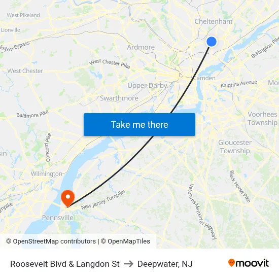 Roosevelt Blvd & Langdon St to Deepwater, NJ map