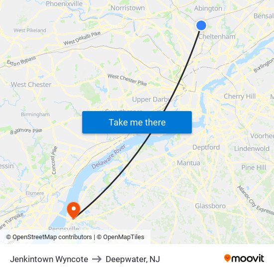 Jenkintown Wyncote to Deepwater, NJ map