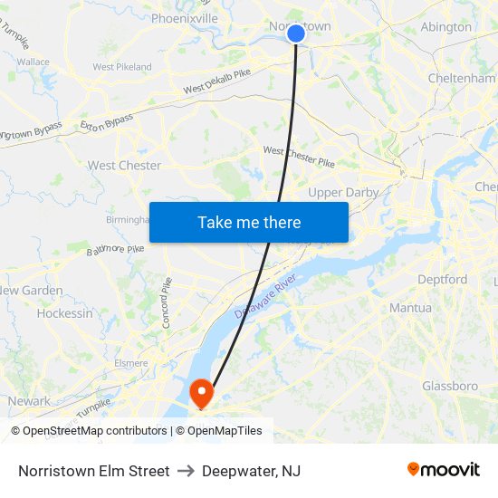 Norristown Elm Street to Deepwater, NJ map