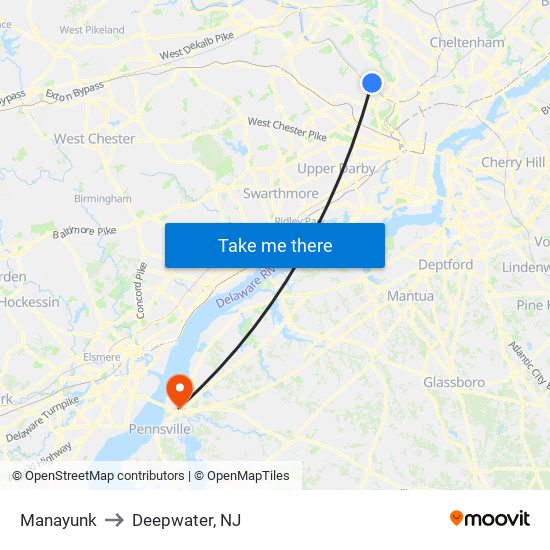 Manayunk to Deepwater, NJ map