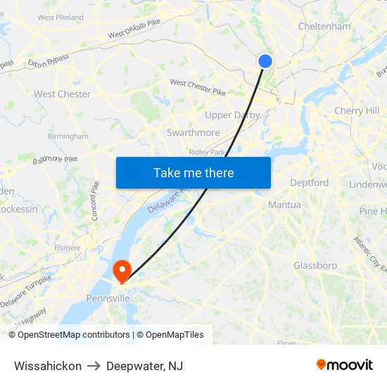 Wissahickon to Deepwater, NJ map