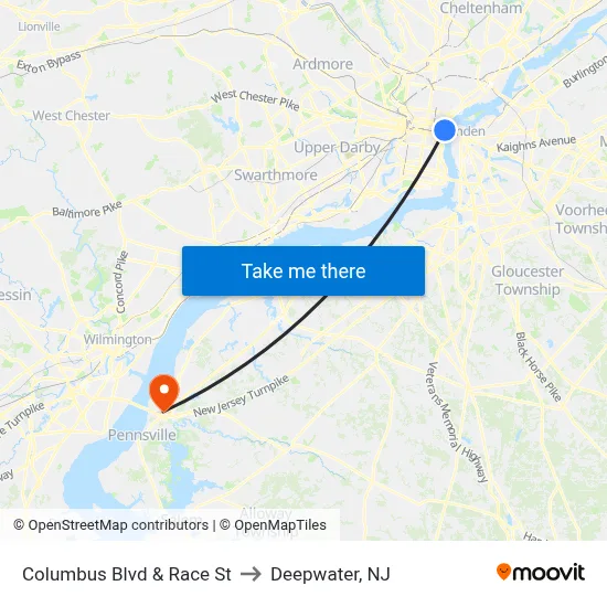 Columbus Blvd & Race St to Deepwater, NJ map