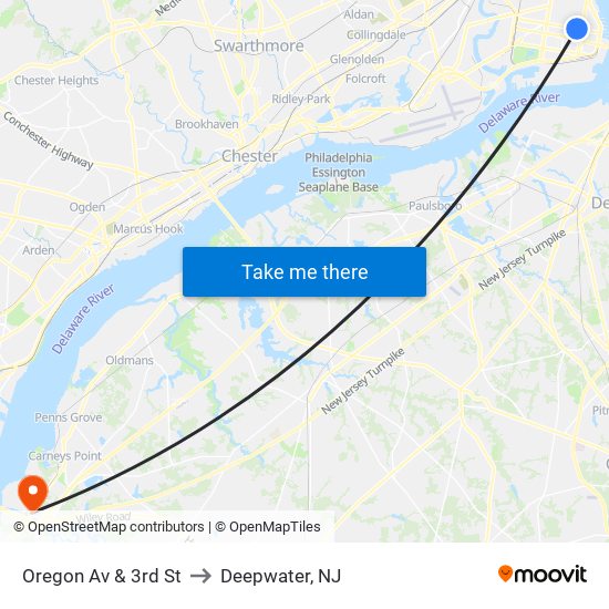 Oregon Av & 3rd St to Deepwater, NJ map