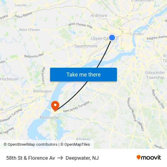58th St & Florence Av to Deepwater, NJ map