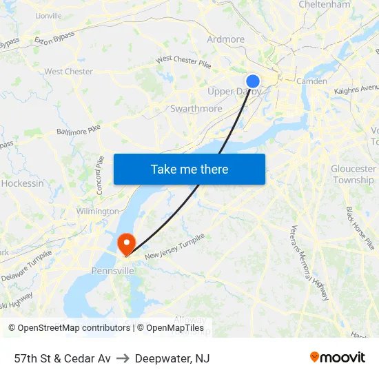 57th St & Cedar Av to Deepwater, NJ map