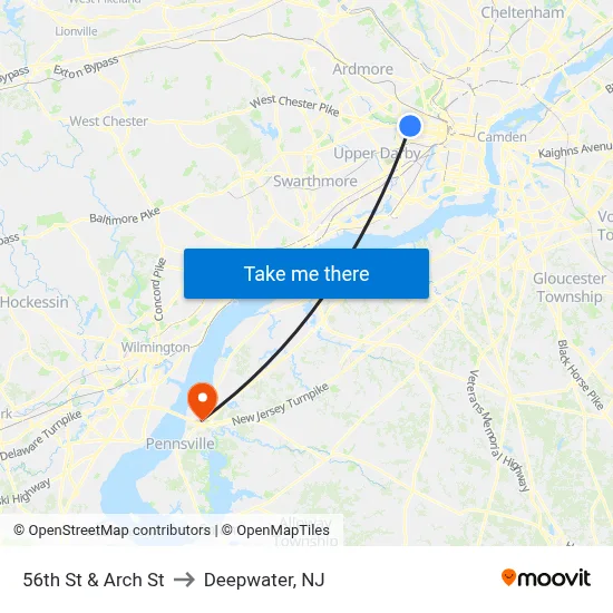 56th St & Arch St to Deepwater, NJ map