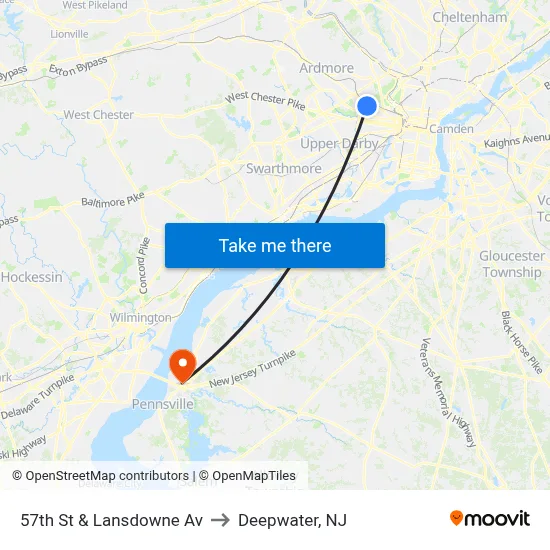 57th St & Lansdowne Av to Deepwater, NJ map