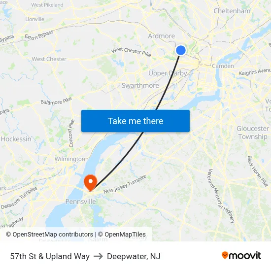 57th St & Upland Way to Deepwater, NJ map