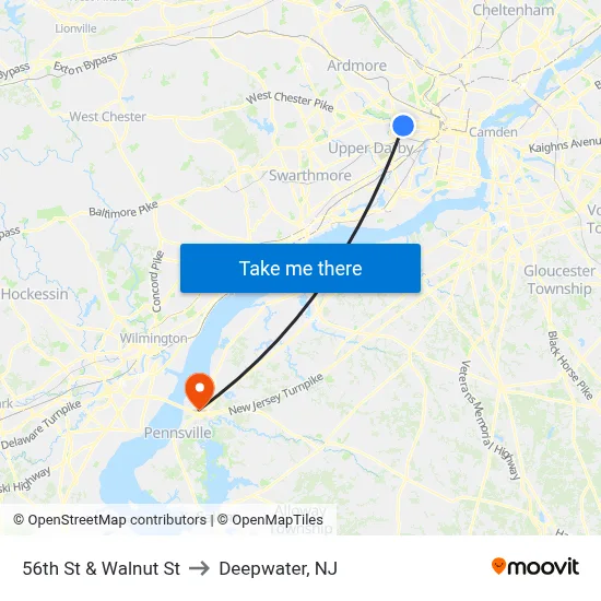 56th St & Walnut St to Deepwater, NJ map