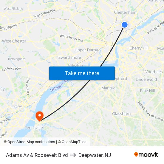 Adams Av & Roosevelt Blvd to Deepwater, NJ map