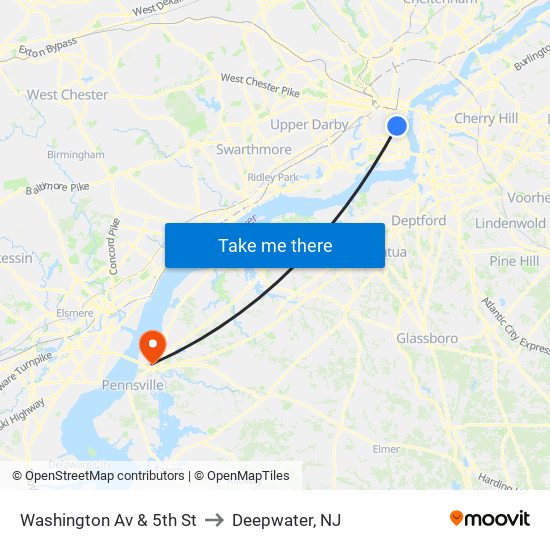 Washington Av & 5th St to Deepwater, NJ map