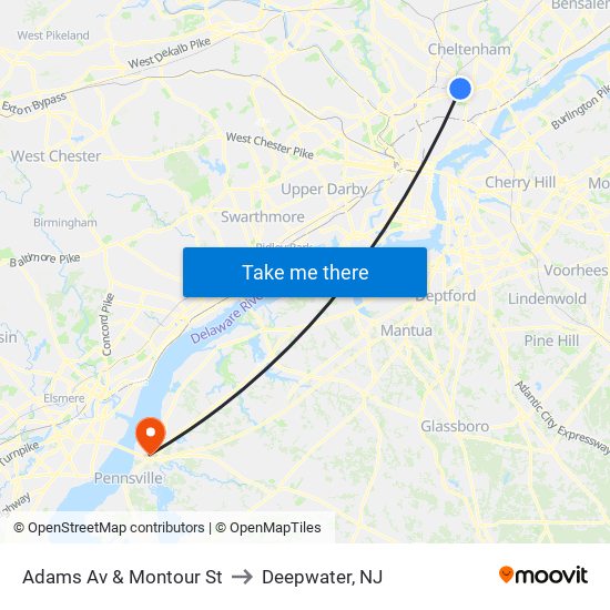 Adams Av & Montour St to Deepwater, NJ map