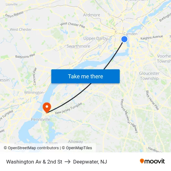 Washington Av & 2nd St to Deepwater, NJ map