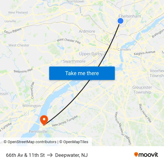 66th Av & 11th St to Deepwater, NJ map