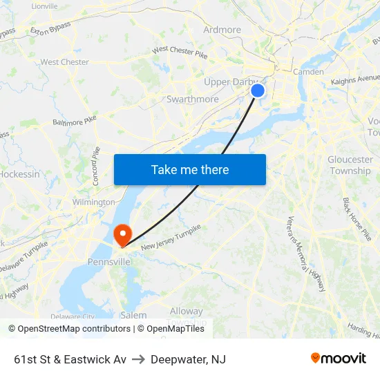 61st St & Eastwick Av to Deepwater, NJ map