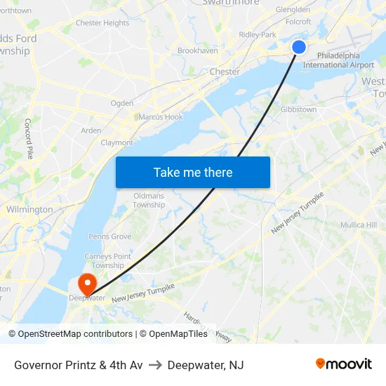Governor Printz & 4th Av to Deepwater, NJ map