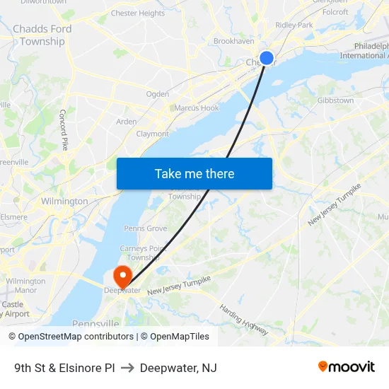 9th St & Elsinore Pl to Deepwater, NJ map