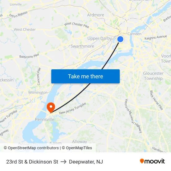 23rd St & Dickinson St to Deepwater, NJ map