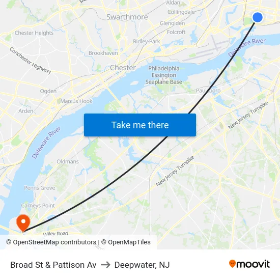 Broad St & Pattison Av to Deepwater, NJ map