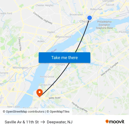 Saville Av & 11th St to Deepwater, NJ map