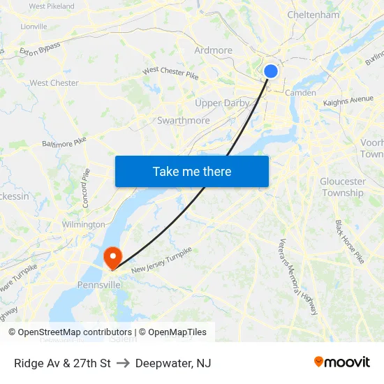 Ridge Av & 27th St to Deepwater, NJ map