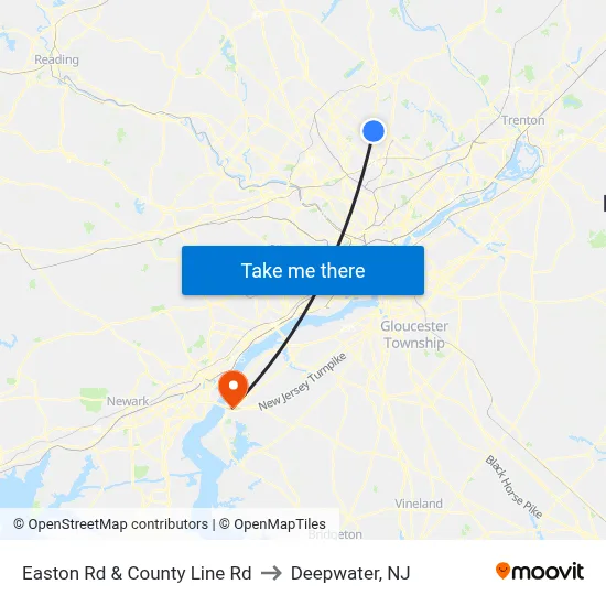 Easton Rd & County Line Rd to Deepwater, NJ map