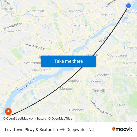 Levittown Pkwy & Sexton Ln to Deepwater, NJ map