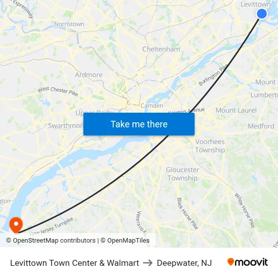 Levittown Town Center & Walmart to Deepwater, NJ map