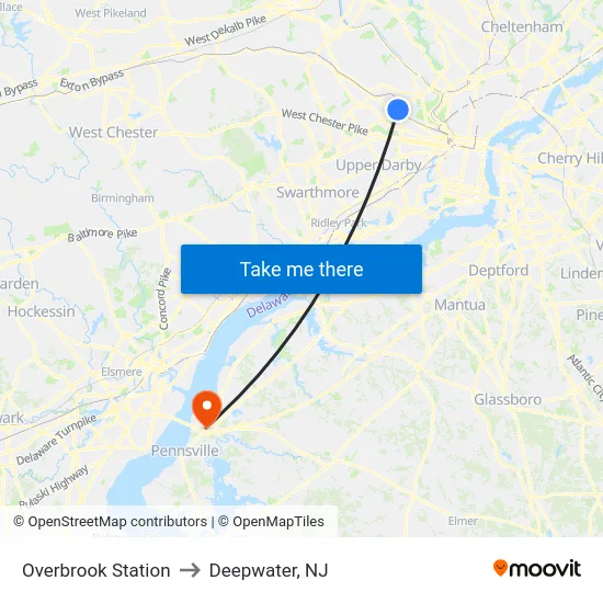 Overbrook Station to Deepwater, NJ map