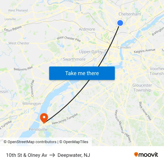 10th St & Olney Av to Deepwater, NJ map