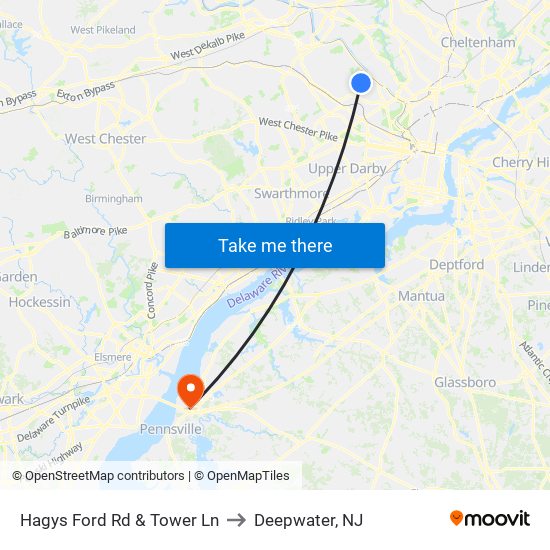 Hagys Ford Rd & Tower Ln to Deepwater, NJ map