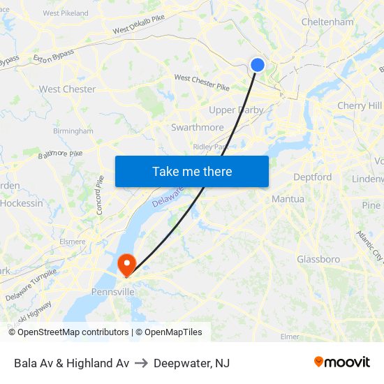 Bala Av & Highland Av to Deepwater, NJ map
