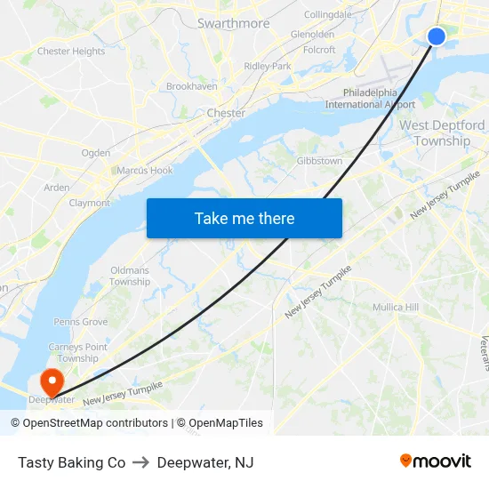 Tasty Baking Co to Deepwater, NJ map