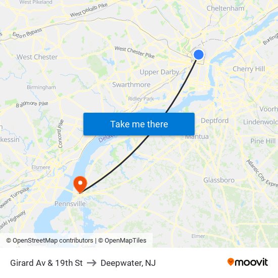 Girard Av & 19th St to Deepwater, NJ map