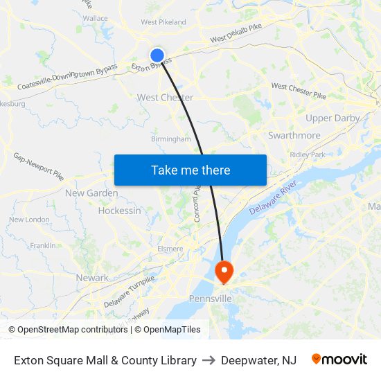 Exton Square Mall & County Library to Deepwater, NJ map