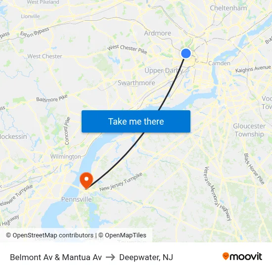 Belmont Av & Mantua Av to Deepwater, NJ map
