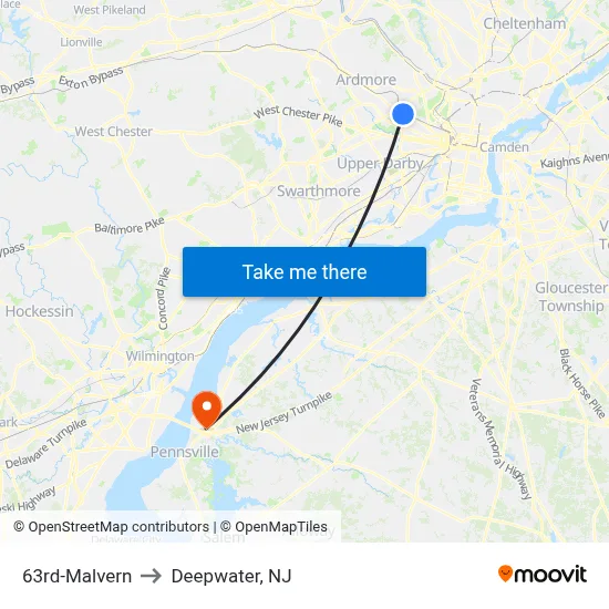 63rd-Malvern to Deepwater, NJ map
