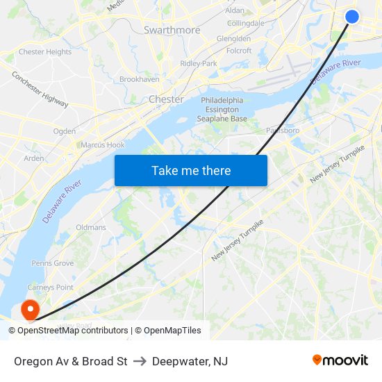 Oregon Av & Broad St to Deepwater, NJ map