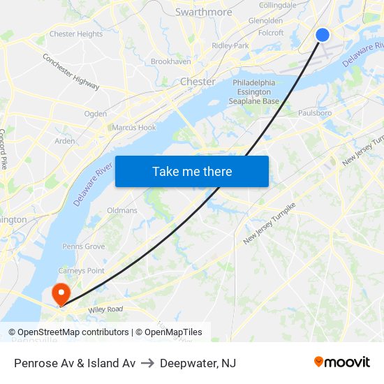 Penrose Av & Island Av to Deepwater, NJ map