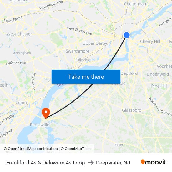 Frankford Av & Delaware Av Loop to Deepwater, NJ map